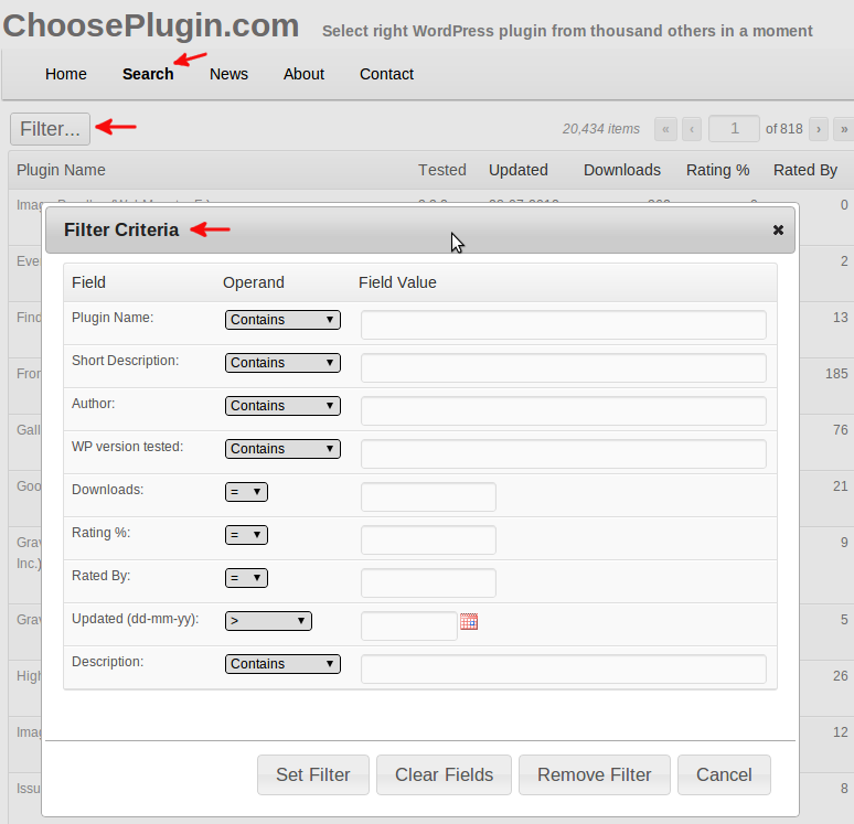 Filter setup for WordPress plugin search